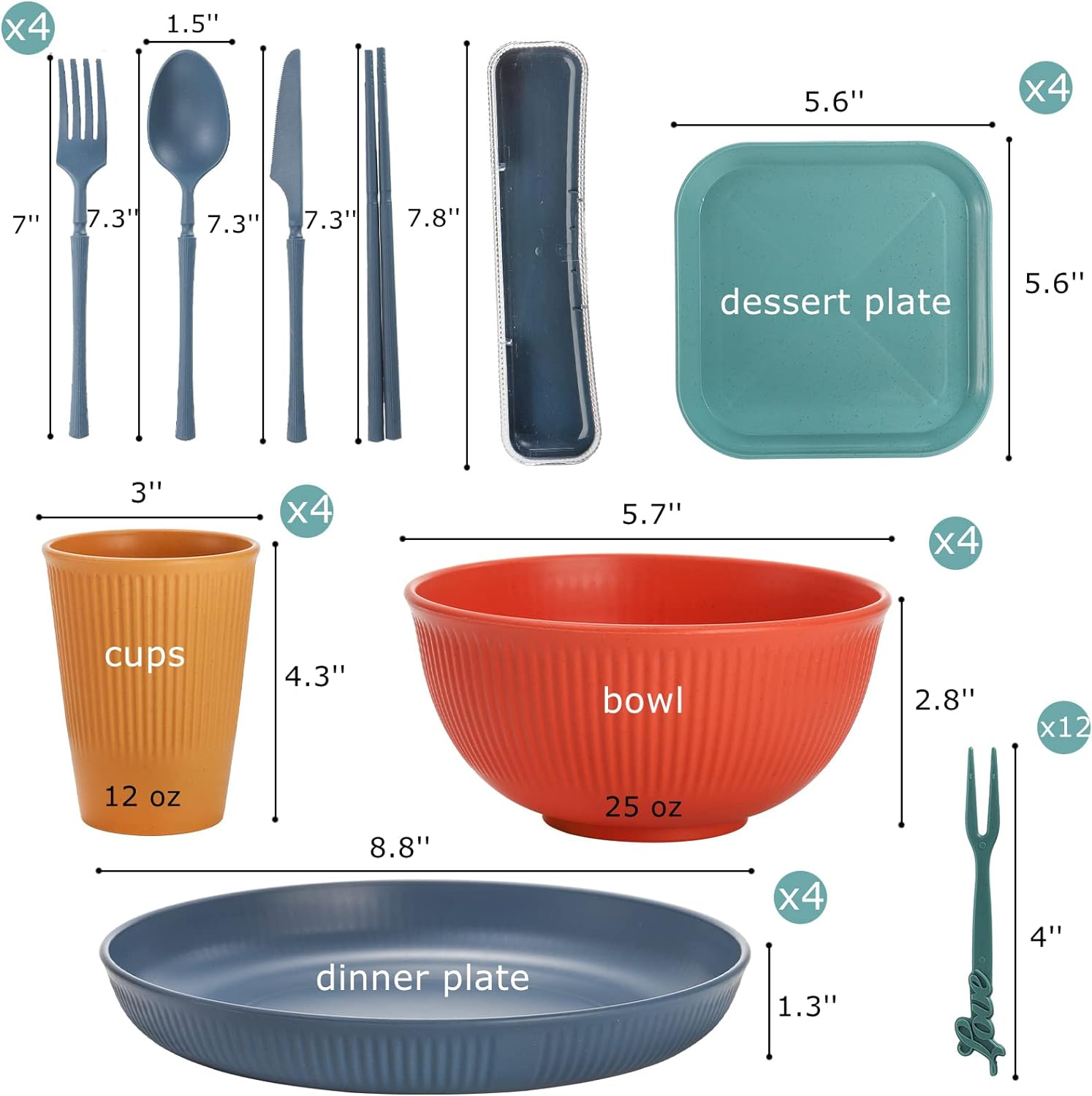 Dinnerware Sets, Unbreakable Camping Plates, Cups and Bowls Set -Pack of 44 Dinnerware Sets, Unbreakable Camping Plates, Cups and Bowls Set -Pack of 44